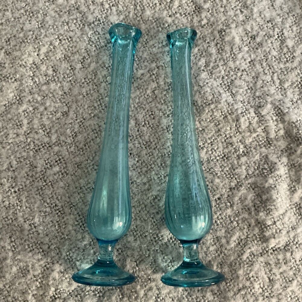 Vintage Pair Aqua Blue Glass Bud Vases 9” Footed UV Reactive B Marked
